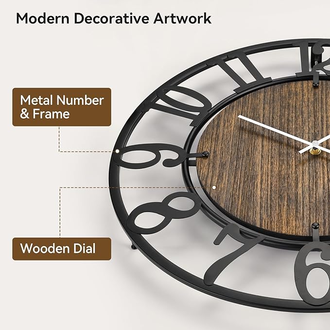 Large Wall Clocks, 16" Black Decorative Wall Clock for Living Room by Battery Operated, Oversized Farmhouse Silent Walls Clock with Metal Arabic Number for Office, Classroom, Bedroom