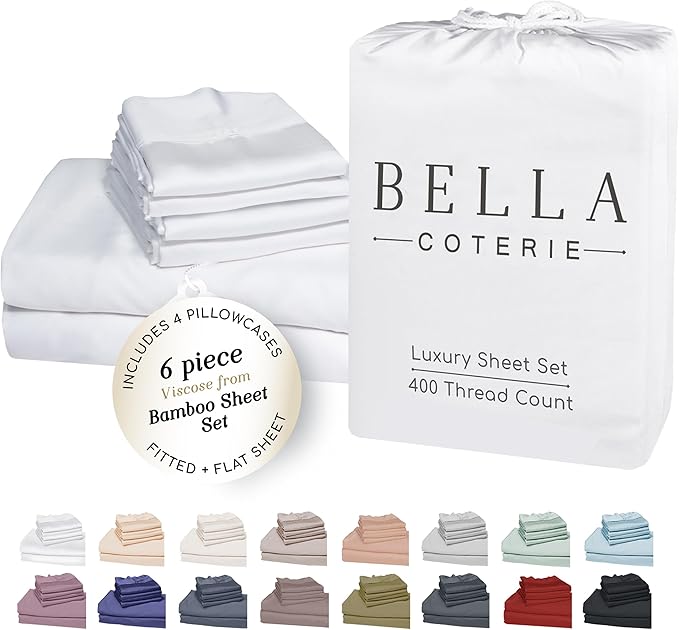 Bella Coterie 6 Piece Luxury Bamboo Viscose California King Size Sheet Set | 100% Organically Grown | Cooling for Hot Sleepers | 18" Deep Pocket | Soft & Hypoallergenic | 4 Pillowcases [White]