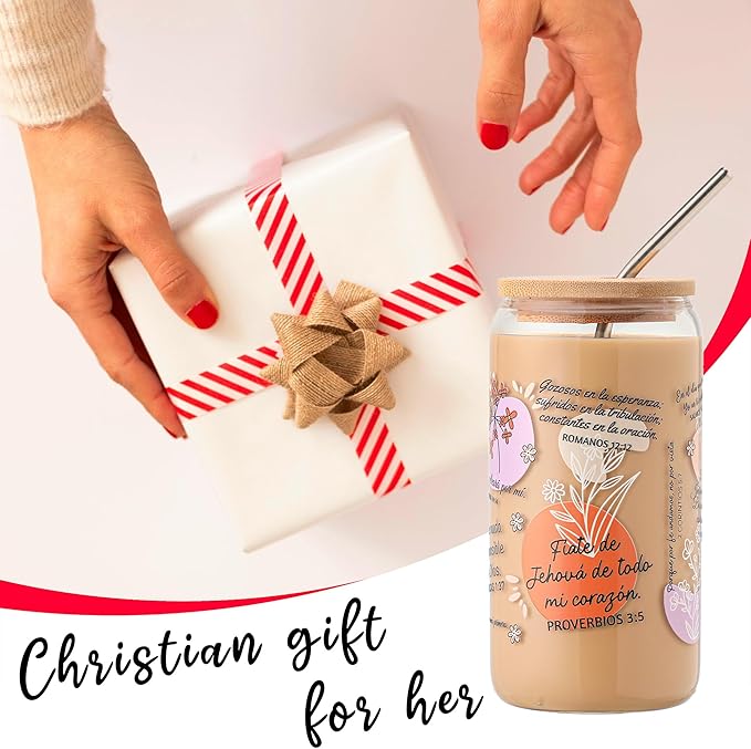 Spanish Bible Verse Coffee Mugs - Christian Gifts for Women, 16oz Religious Glass Tumbler with Lid & Straw, Inspirational Spanish Scriptures, Birthday & Christmas Gift for Mom Wife Friends
