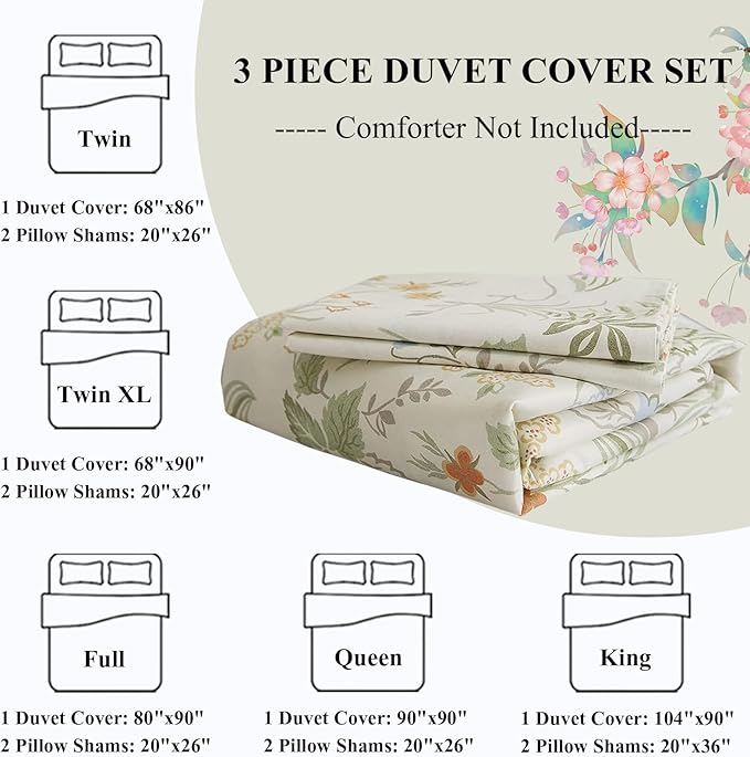 Chic Botanical Floral Duvet Cover King White Soft 100% Cotton Garden Floral Bedding Set King Vintage Style Cottagecore Comforter Cover with Zipper Closure 1 Flower Duvet Cover with 2 Pillowcases