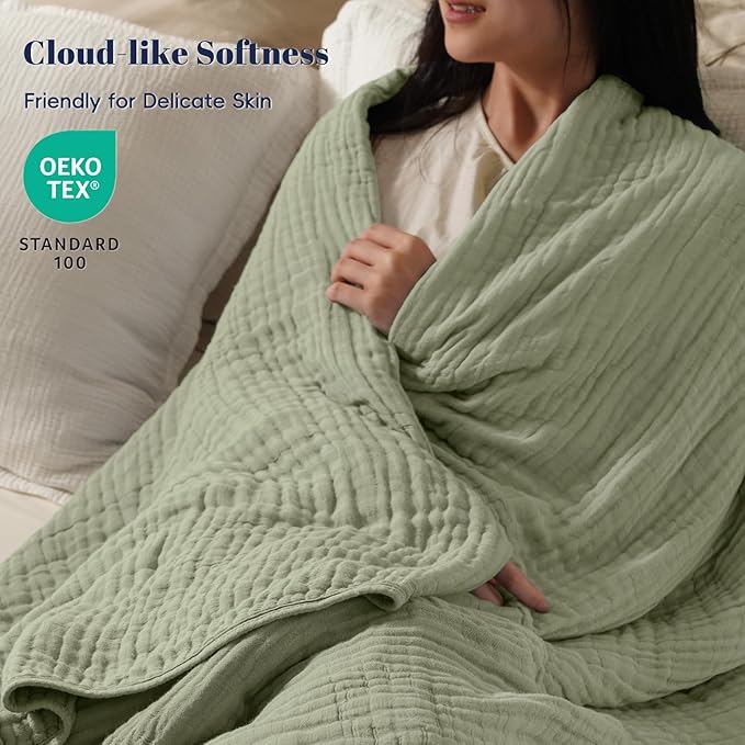 PHF Cooling Muslin Blanket Twin Size 60"x80", 6-Layer Lightweight Gauze Blanket Made from 35% Rayon Derived from Bamboo & 65% Cotton, Breathable & Ultra Soft Cozy, Aesthetic Home Decor, Tea