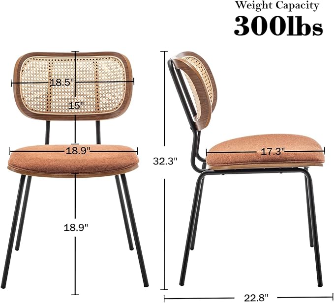 Rattan Dining Chairs Set of 2, Christmas Decoration Mid Century Modern Dining Chairs with Cane Back for Kitchen Dining Room, 19 Inch Fabric Orange