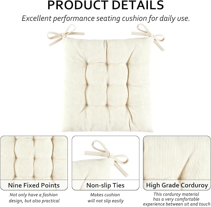 Square Seat Cushion for Kitchen Dining Chairs, Soft & Comfortable 15.5" x 15.5" Chair Pads, 6 Packs, Beige