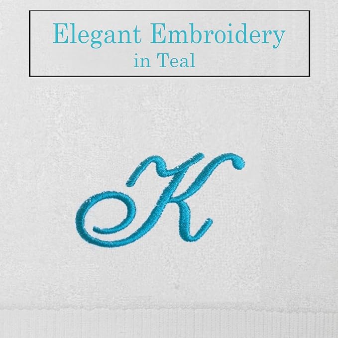 White Monogrammed Hand Towels for Bathroom - Luxury Hotel Quality Personalized Initial Embroidered Towel for Powder Room, Spa - GOTS Organic Certified - Set of 2 Teal Letter K