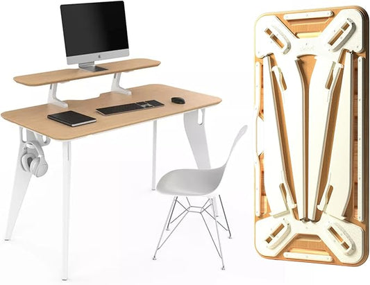 HOEK Modern Collapsible Work from Home Desk Bundle, Durable Laminate Surface, Portable Folding Computer Desk with 47.5" x 23", Easy Tool-Free Assembly, Compact Study and Office Table (Birch/White)