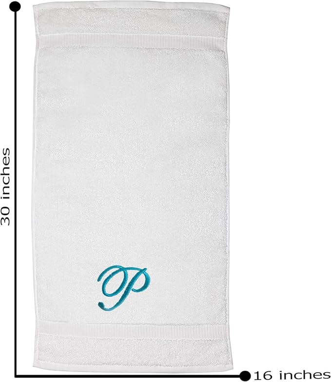 White Monogrammed Hand Towels for Bathroom - Luxury Hotel Quality Personalized Initial Embroidered Towel for Powder Room, Spa - GOTS Organic Certified - Set of 2 Teal Letter P
