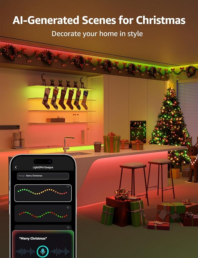Lepro S1 AI LED Strip Lights for Christmas Decorations, 65.6ft Smart RGB Light Strips with IC and Rainbow Chasing Effects, Personalized Al Lighting Designer, No Remote, 2.4GHz Wi-Fi & Bluetooth