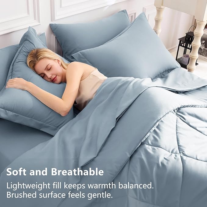 CozyLux Full Size Comforter Sets Dusty Blue - 7 Pieces Bed in a Bag Full, Luxury Soft Bed Set for All Seasons, Bedding Set with Down Alternative Comforter, Sheets, Pillowcases & Shams, Grayish Blue