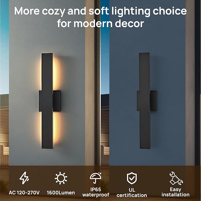 Upgraded 23.6in Black Long Modern LED Outdoor Wall Lights 3000K 4000K 5000K Dimmable Exterior Wall Sconce Outside Light fixtures for House Garage Front Door