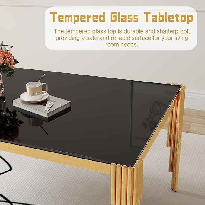 51" Rectangle Glass Dining Table, Modern Kitchen Table with Tempered Glass Top and Tubular Stainless Steel Legs for 4-6, Easy Assembly for Kitchen, Dining Room (Black, Gold)