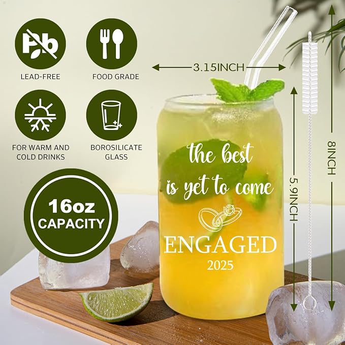 Engaged 2025 Gift for Couples, The Best is Yet to Come, 16oz Glass Cup with Lid and straw, Engagement Gift for Couples, Gifts for Newly Engaged Couples, Just Engaged Bride to Be Gifts