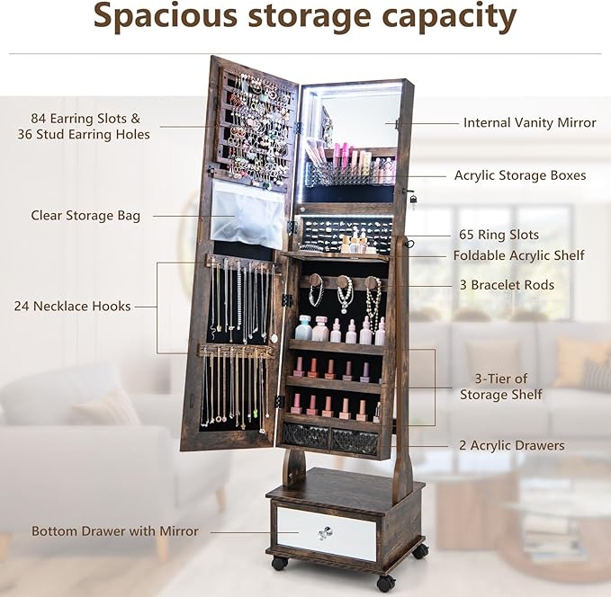 GOFLAME Standing Jewelry Cabinet Armoire with Wheels, Lockable Jewelry Storage Organizer with Full Length Mirror, 3-Color LED Lights, Interior Makeup Mirror, Jewelry Armoire for Bedroom (Rustic Brown)