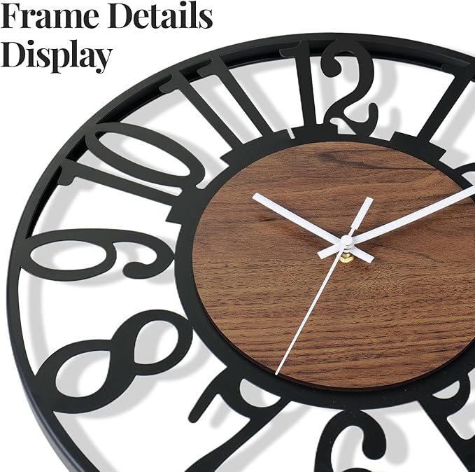 Cuspin Large Wall Clock 24 Inch for Living Room Decor, Silent Non Ticking Battery Operated Black Round Metal and Wood Wall Clock, Modern Farmhouse Rustic Big Clock with Arabic Numerals