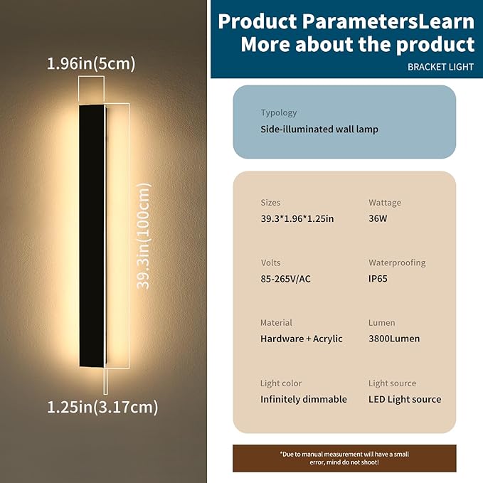 2 Pack Outdoor Wall Light Fixture, 39.3inch Modern Wall Sconce, IP65 Waterproof Dimmable 3000K-6000K with Remote Control, Outside Porch Lighting for Fence, Patio, Yard, Garage