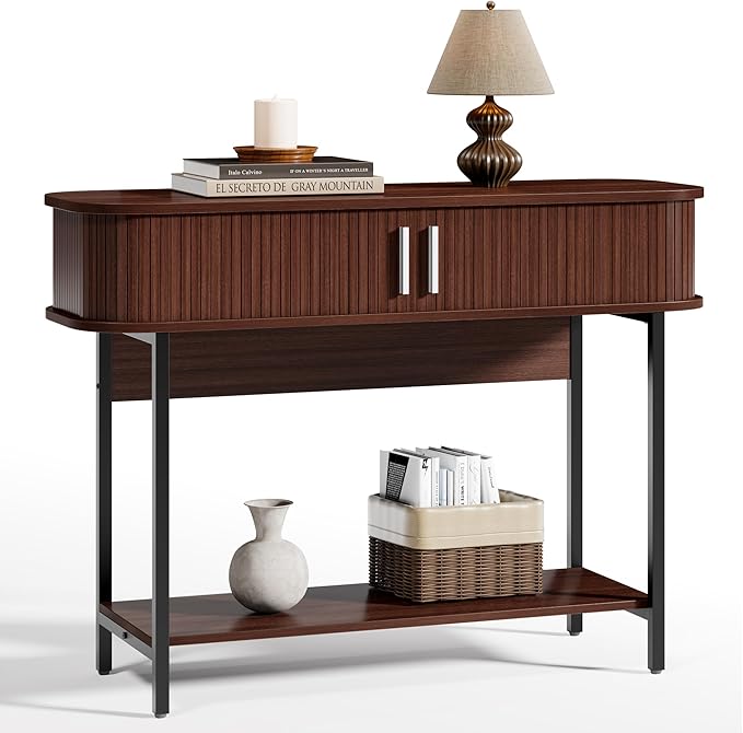40" Mid Century Modern Entryway Table, Ultra Slim Fluted Console Table with Storage & Sliding Doors, Modern Round Corner Sofa Table, Wooden Entry Table for Living Room, Hallway, Walnut