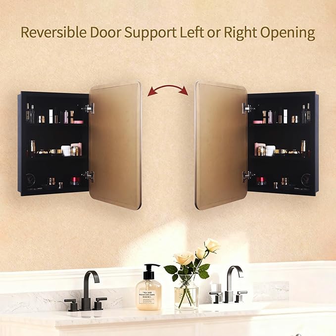 Bathroom Medicine Cabinet with Gold Wood Framed Mirror, Recessed or Wall Mount Bathroom Vanity with Storage Shelves 17.5x26 inch
