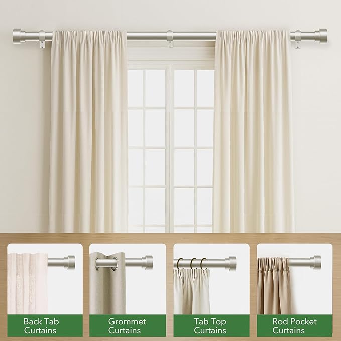 Time Forest Curtain Rods for Windows 48 to 84, 1 Inch Adjustable Heavy Duty Long Window Drapery Rods with End Caps, Indoor Outdoor Curtain Rod for Patio Bedroom, Size 32" - 90", Brushed Nickel