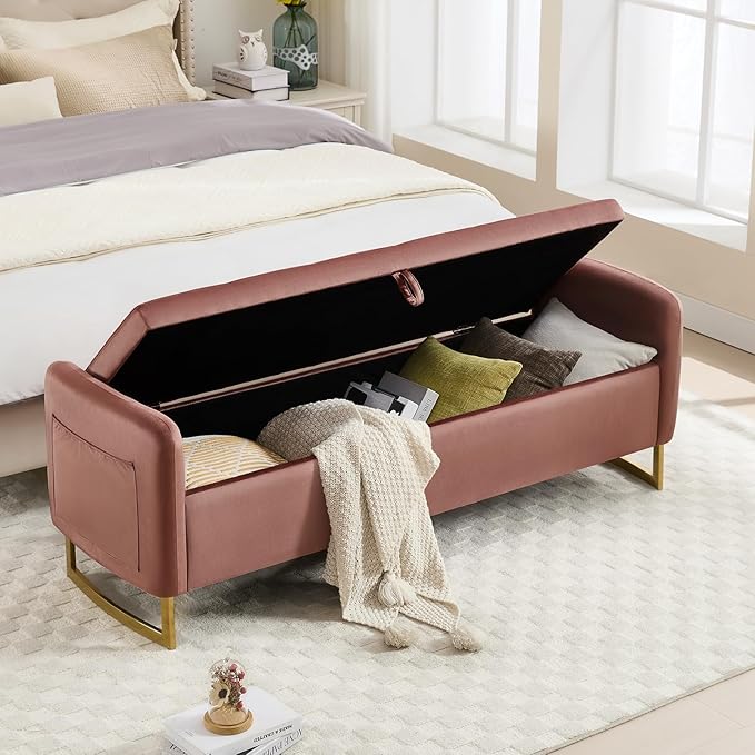 65" Storage Ottoman Bench, End of Bed Storage Bench King Size with Tufted Button Upholstered and Gold Legs, Bedroom Benches with Armrests for Living Room Window and Entryway, Rose Gold