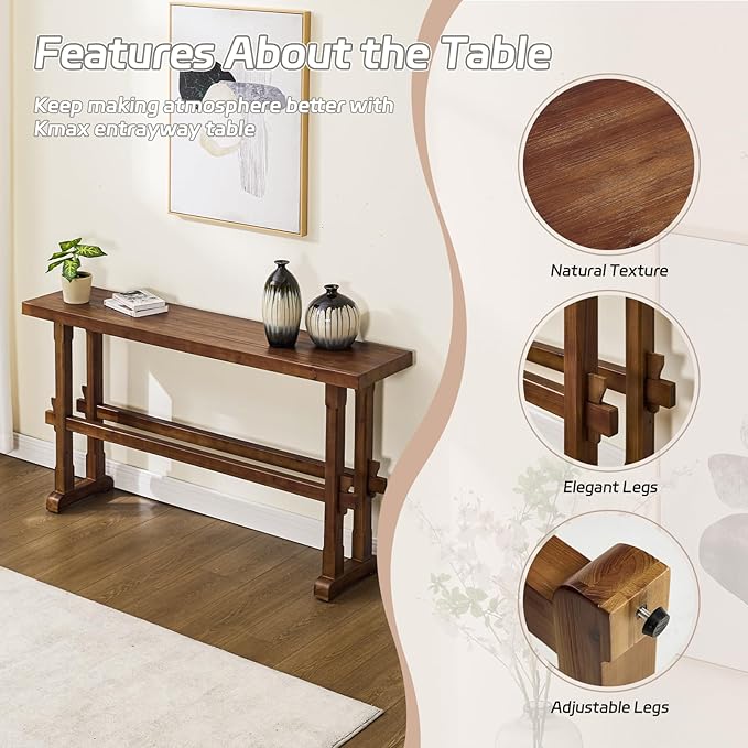 Kmax Entryway Table, 59 inchs Wood Farmhouse Console Table Boho Hallway Table Rustic Couch Table Behind Sofa for Outdoor Entrance Living Room - Walnut
