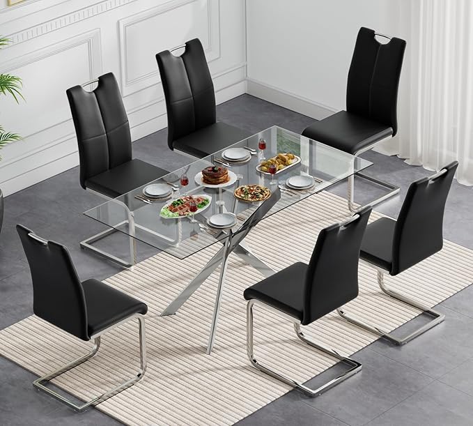 Goujxcy Modern Glass Dining Table Set for 6, Glass Silver Kitchen Table and Chairs Set, 7 Piece Dining Room Table Set with 51" Rectangle Dinner Table and 6 Black Leather Dining Chairs