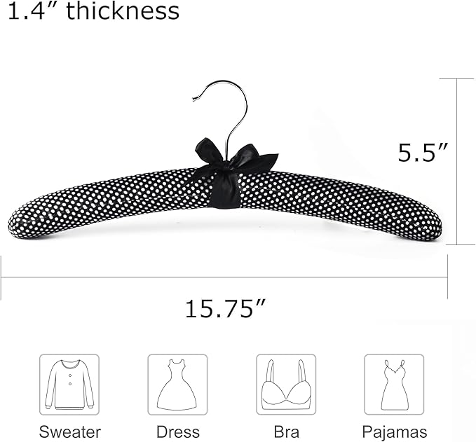Satin Padded Hangers Polka, Blouse Sweater Hanger with Thick & Soft Foam for Bridal Wedding Dress Lingerie, Smooth Silk Covered Shirt Hanger Without Shoulder Bump (10)