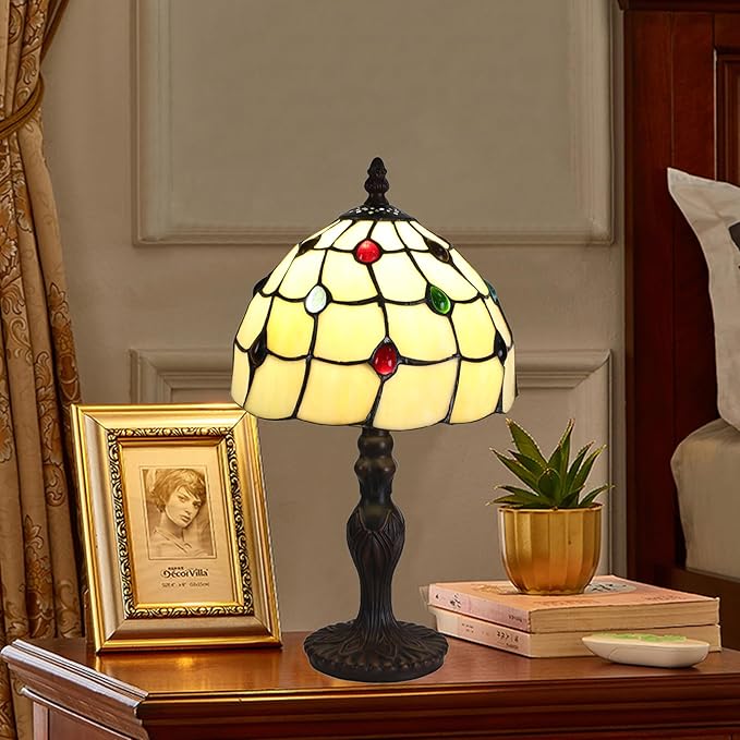 Tiffany Style Table Lamp, 8 Inch Stained Glass Lamp, Small Antique Bedside Lamp, for Nightstand Bedroom Living Room Home Office, Include LED E26 Bulb