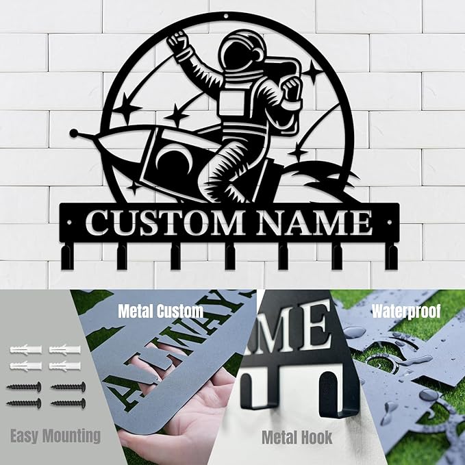 Personalized Custom Astronaut UFO Metal Wall Keys Hooks,Clothes Hooks Astronaut Art coat racks,door holder,Black Astronaut decorations for home,Entrance doors,Hallway, Bedroom,Keys,Hats (Style D)