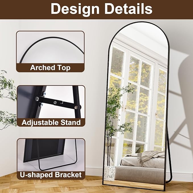 21" x 64"Arched Full Length Mirror - Wall Mounted Floor Mirror- Aluminum Alloy Frame Full Body Mirror for Bathroom Living Room Bedroom and Entryway Black