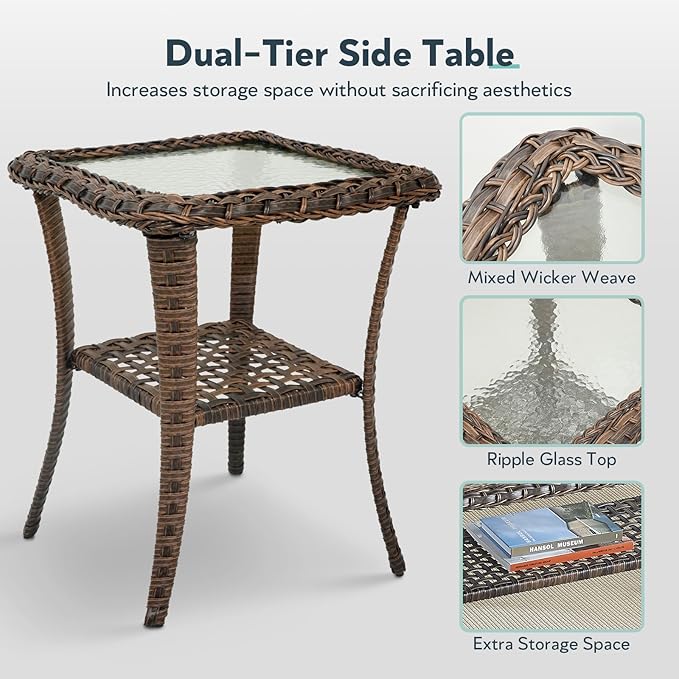 6 Pieces Wicker Patio Furniture Set - Hollow Widen Armrests 3 Seat Outdoor Sofa & Comfy Chairs with Side Table & Ottomans, Small Patio Convention Set for Deck and Backyard - Brown/Blue