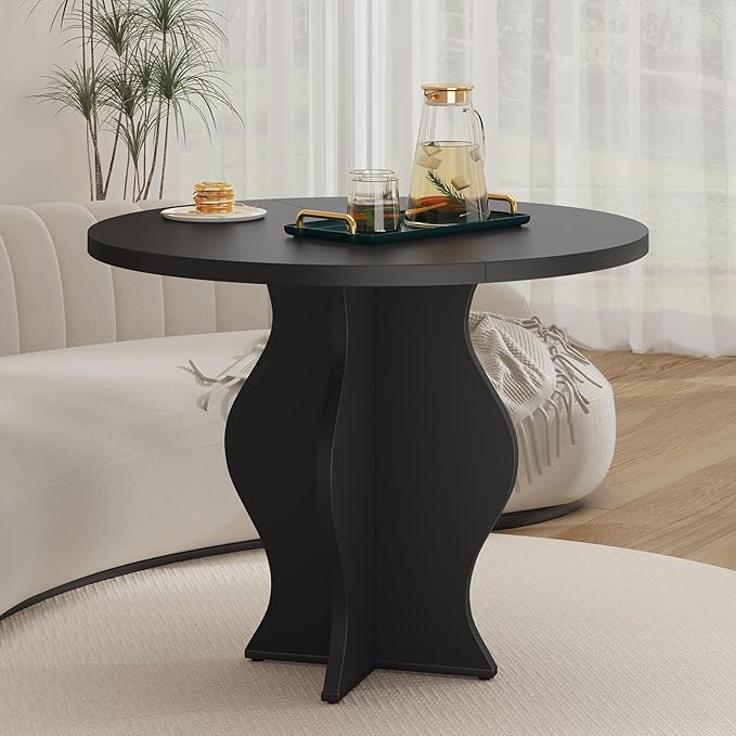 31.5 Inch Small Round Dining Table for 2, Modern Farmhouse Wood Kitchen Table, Rustic Black Circle Dining Room Table with Pedestal Base for Kitchen and Dining Room Furniture