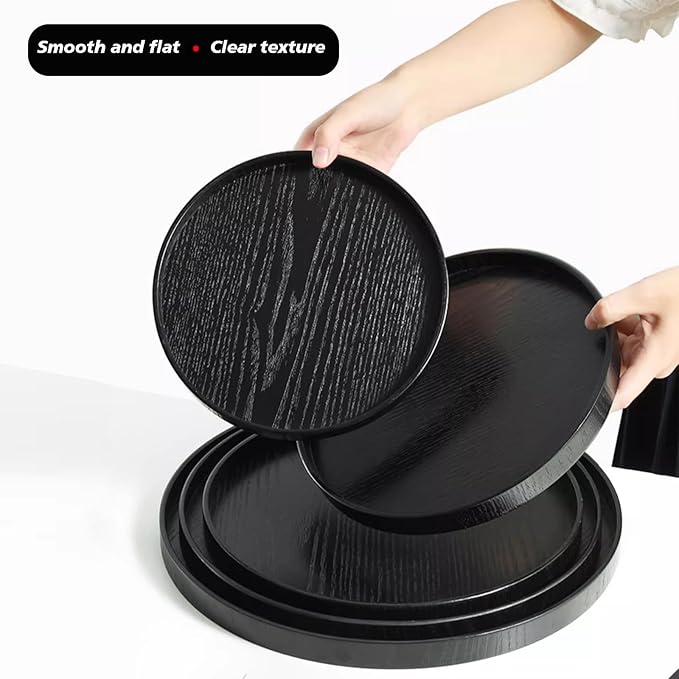 River Round Wood Serving Tray, Solid Wooden Decorative Tray Non-Slip Tea Coffee Table Tray Snack Plate Food Meals Serving Tray with Raised Edges for Home Decor Kitchen Restaurant(11.8inch/30cm, Black)