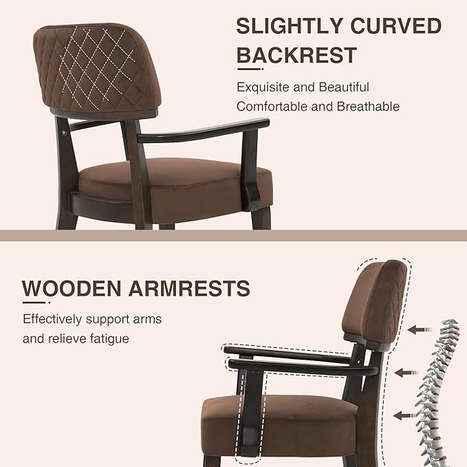 Modern Wood Dining Chairs with Arms Set of 6, Velvet Upholstered Kitchen Chairs with Open Curved Backrest & Black Hardwood Legs, Accent Chairs 350 LBS Capacity, Brown