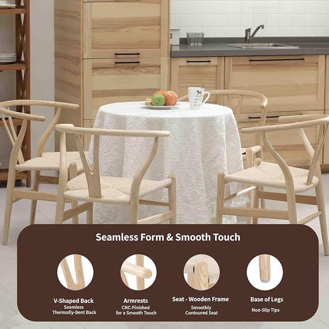 Tomile Wishbone Chair Y Chair, Wooden Dining Chairs Set of 4, Mid Century Modern Chairs with Arms, Solid Wood Weave Seat Kitchen & Dining Room Chairs (Ash Wood - Natural Wood Color)