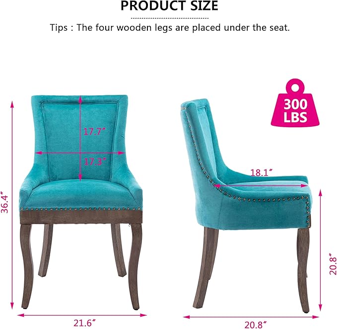 Farmhouse Dining Chairs Set of 6, Upholstered Fabric Dining Room Accent Chairs with Wood Legs & Bronze Nailhead, High Wingback Kitchen Chairs for Living Room Hotel Apartment, Blue