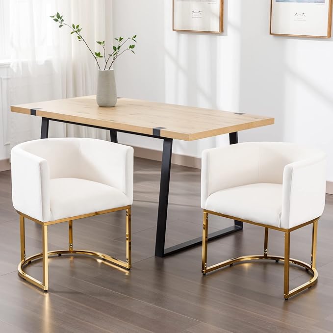 Bestan Velvet Dining Chair Set of 2 Modern Barrel Arm Chairs with Golden Frame, Upholstered Kitchen Accent Chairs 18.5" Wide for Living Room Dining Room Restaurant, Beige