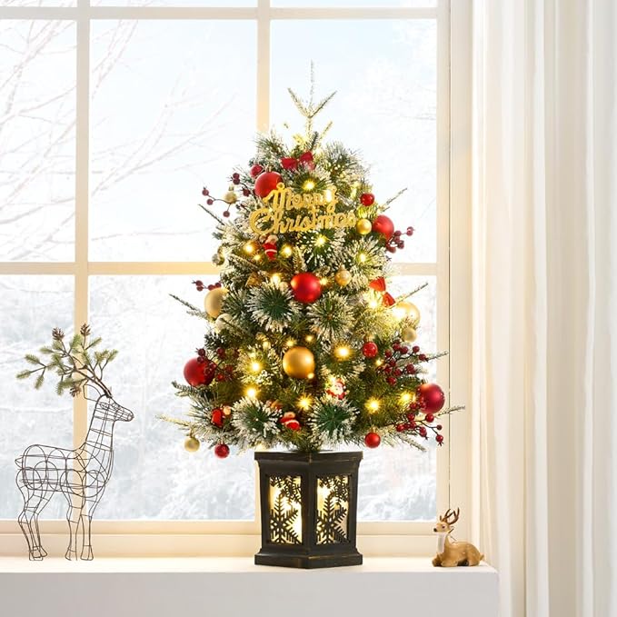 Small 3FT Pre-Lit Snow Flocked Christmas Tree with Twinkling Lights for Home Office Christmas Decor- Battery Operated & Timer (Vintage Snowflake Base)