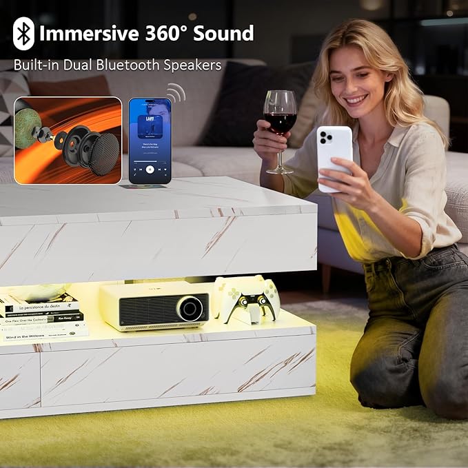 LED Coffee Table, 47.2" Coffee Tables with Storage Drawers, Smart Living Room Table with Wireless Charging & Bluetooth Speaker,Modern Center Tables for Living Room, White Marble