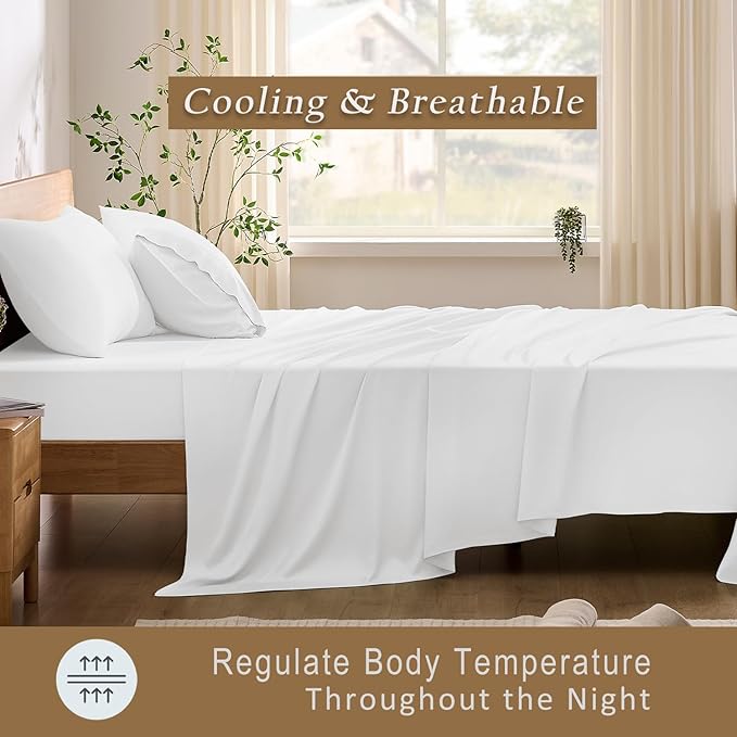TOSMO Luxury Cooling Sheet Set - 100% Viscose from Bamboo, 3-Piece Bedding Set (Twin Size) - 18” Extra Deep Pockets, Oeko-Tex Certified, Silky Soft and Breathable, Classic White