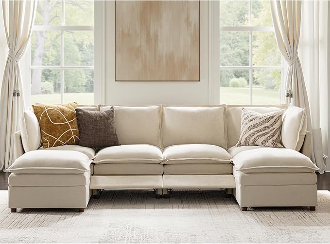 HULALA HOME 128'' Power Recliner Sofa with Dual-Layered Cushions, Oversized Modular Sectional Sofa U Shaped Couch with Storage Ottoman, 6 Seater Cloud Couch for Living Room, Beige
