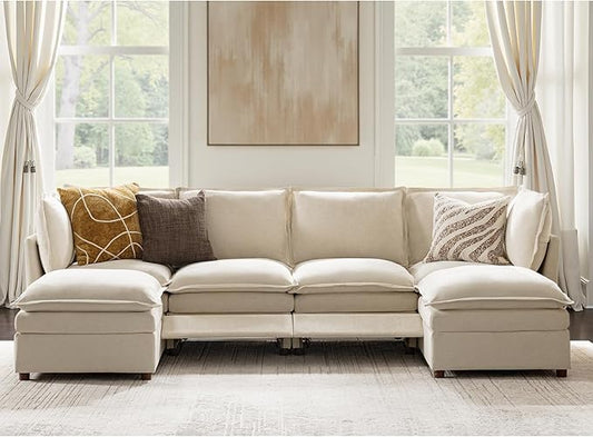 HULALA HOME 128'' Power Recliner Sofa with Dual-Layered Cushions, Oversized Modular Sectional Sofa U Shaped Couch with Storage Ottoman, 6 Seater Cloud Couch for Living Room, Beige