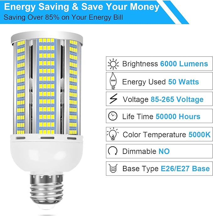 2 Pack 400W Equivalent LED Corn Light Bulb 6000 Lumen Led Corn Bulb 50W Super Bright 5000K Daylight White E26/E27 Base LED Light Bulb for Home Garage Lighting Garage Backyard Office Household