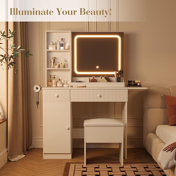 Vanity Desk with Mirror and Lights, Pink Makeup Vanity with Charging Station, Dressing Table Set with Storage Chair, Drawer Shelves, and Foldable Panel for Compact Space Bedroom (White)