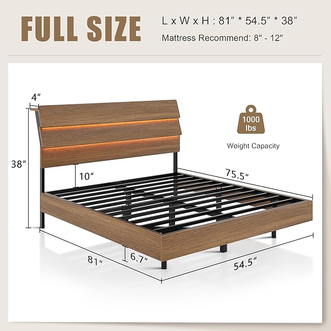 Full Size Bed with Charging Station, Floating LED Bed Frame with Wood Storage headboard, Heavy Duty Metal Slats, No Box Spring Needed, Noise Free, Easy Assembly, Walnut