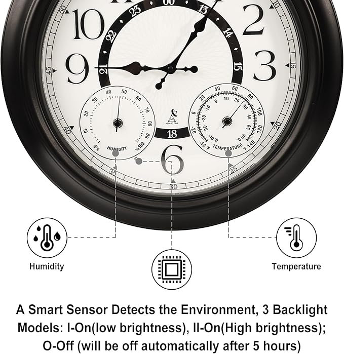 18 Inch Illuminated Retro Indoor Outdoor Wall Clocks with Thermometer and Hygrometer Waterproof Metal Large Clocks with Auto Light Smart Sensor for House Warming Gifts New Home Living Room Decor