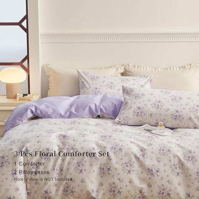 EAVD Vintage Purple Floral Comforter Set King White Soft Microfiber Garden Small Floral Bedding Comforter Set 1 King Comforter and 2 Pillowcases Fresh Botancial Comforter Set for All-Season
