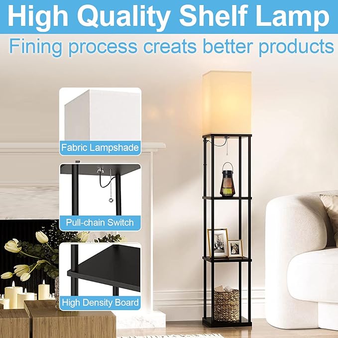 2 Packs Floor Lamp w. Shelves Including 2AC Outlets & 2USB Ports 9W LED Light Bulb 3 Color Temperature Soft/Cool/Daylight White w. 1PC 2 Prong to 3 Prong Adapter for Living Room/Bedroom