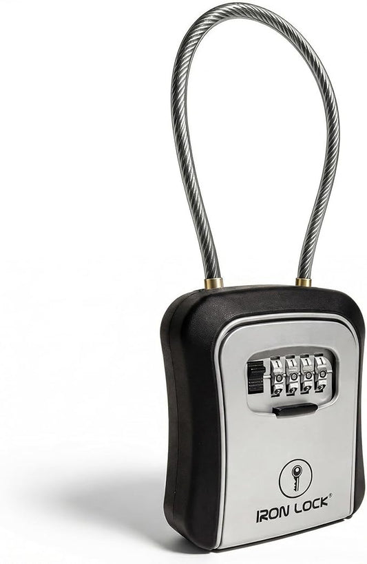Iron Lock® Key Lock Box Portable with Cable Shackle & Wall Mount – Waterproof Metal Lock Box for Keys with 4-Digit Combination & Resettable Code – Indoor/Outdoor Key Safe (Grey, Medium)