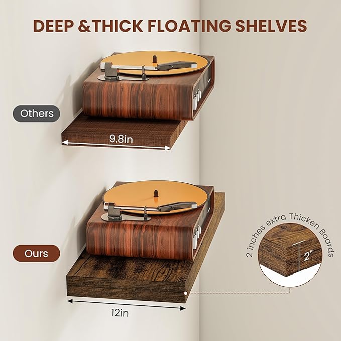 Vivelove 12" Deep Floating Shelves 47.2" Long, Wall Shelves for Living Room Bedroom Bathroom Kitchen Laundry Room, Farmhouse Rustic Shelves for Home Decor, 47.2" X 12" X 2" Set of 2, Rustic Brown