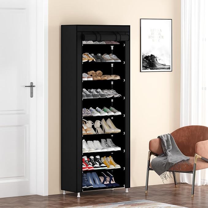 Calmootey 9 Tier Shoe Rack Organizer,Portable Shoe Shelf with Nonwoven Fabric Cover for Closet Hallway,Bedroom,Entryway,Black