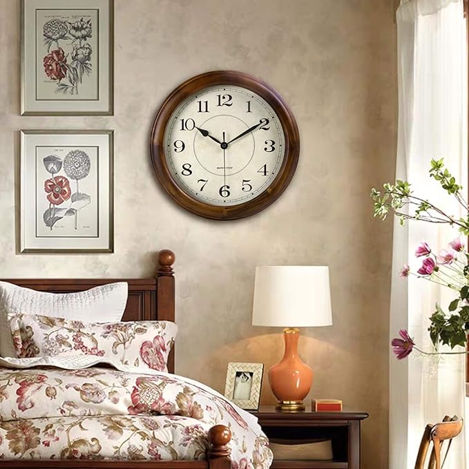 Kesin Wall Clock Wood 14 Inch Silent Wall Clocks Large Decorative Battery Operated Non Ticking Analog Retro Clock for Living Room, Kitchen, Bedroom